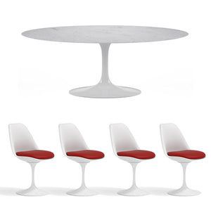 Tulip Oval Table Carrara Marble + 4 Tulip Chair Red 1
